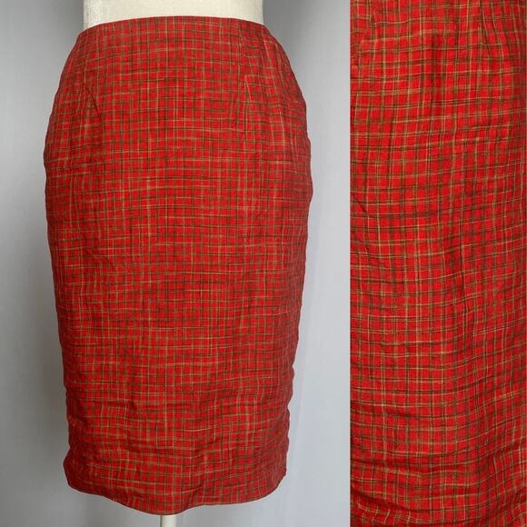 Vintage Pencil Skirt Size 4 Orange Gingham Check 100% Linen Summer Preppy 90s - Picture 1 of 16